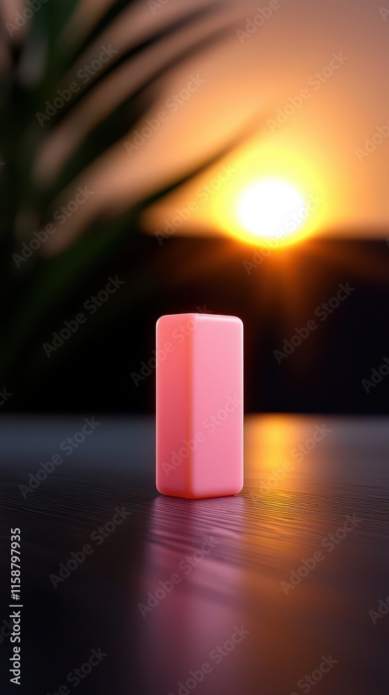 A pink eraser stands on a table against a sunset backdrop, creating a soft, serene atmosphere with an artistic flair. A pink eraser stands on a table against a sunset backdrop, creating a soft, serene atmosphere with an artistic flair.