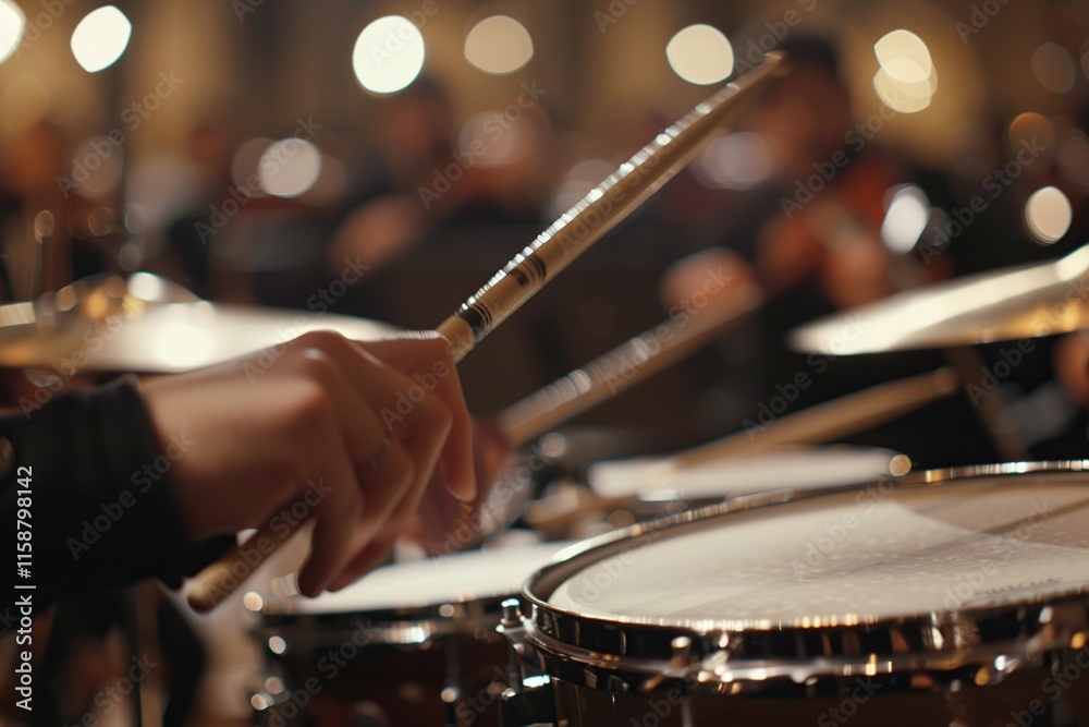 Obraz premium Drummer playing drums on stage, close-up. Live music concept