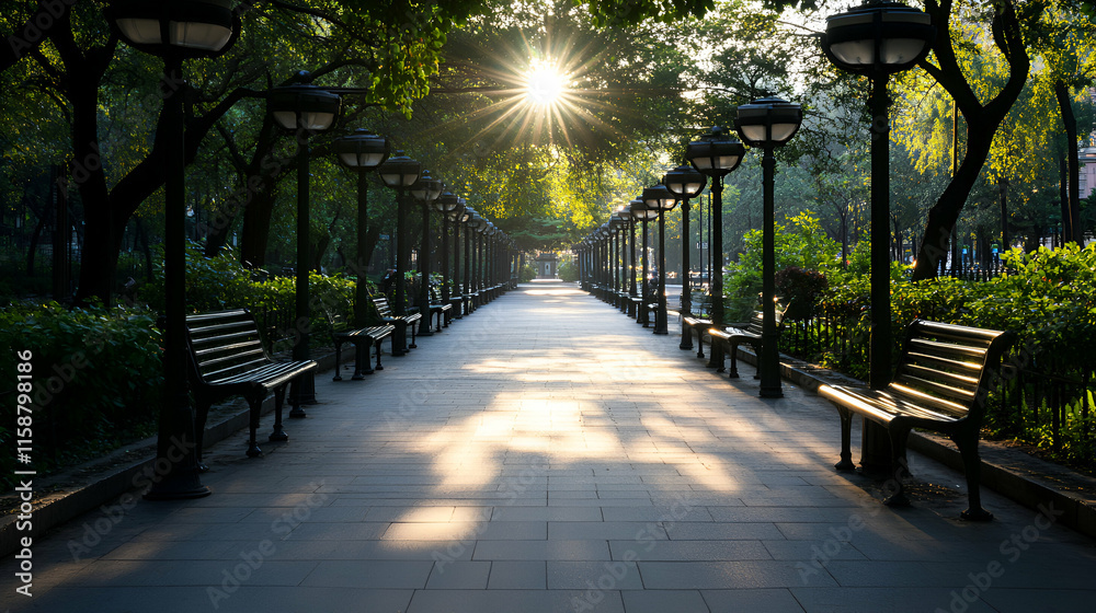 Obraz premium Sunlit Park Pathway, Benches line a tree-shaded walkway bathed in morning sunlight, creating a tranquil and inviting atmosphere.