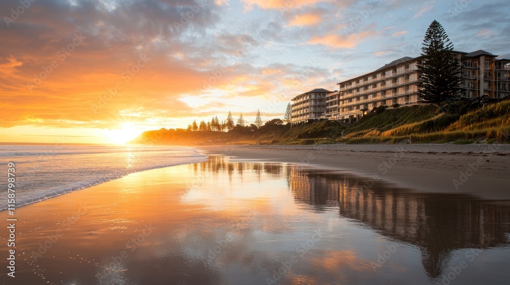 Obraz premium Sunrise over beach with hotel reflection.