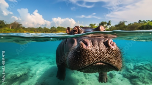 A close-up of a hippo partially submerged in clear water, with details of its face above and below the surface. photo