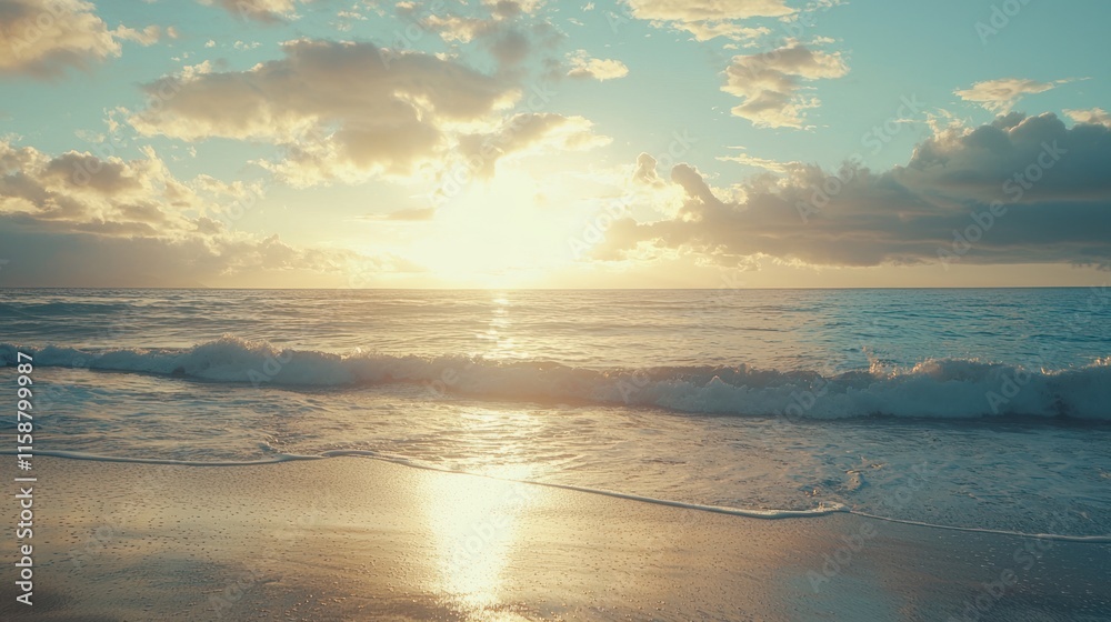 Fototapeta premium Golden sunset over ocean waves on sandy beach.