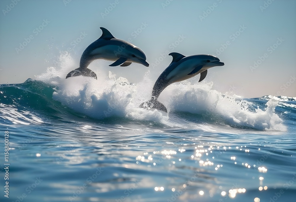 Obraz premium Two dolphins jumping over ocean wave