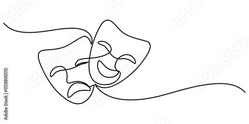 World theater day banner design, with character mask sketch, continuous one line drawing, vector illustration,  Theater mask tragedy and humor one line continuous line art. Character mask sketch. 