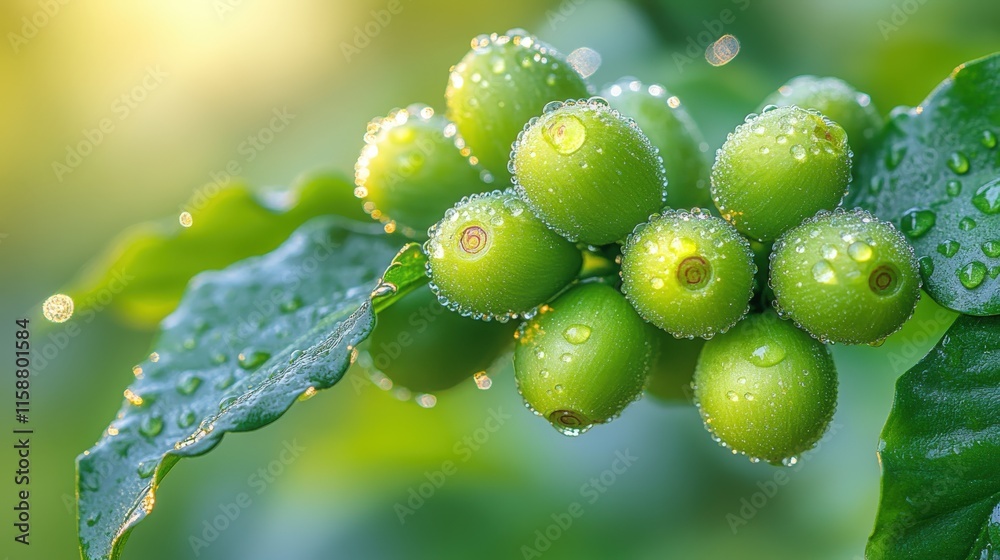 Clusters of unripe green coffee cherries gleam in morning light Clusters of unripe green coffee cherries gleam in morning light