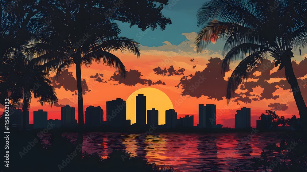 Obraz premium Sunset Cityscape: Tropical Paradise at Dusk