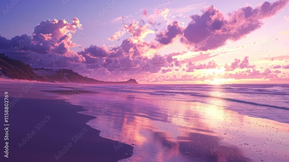 Fototapeta premium Serene sunset over a tranquil beach with pink and purple hues reflecting on the calm ocean.