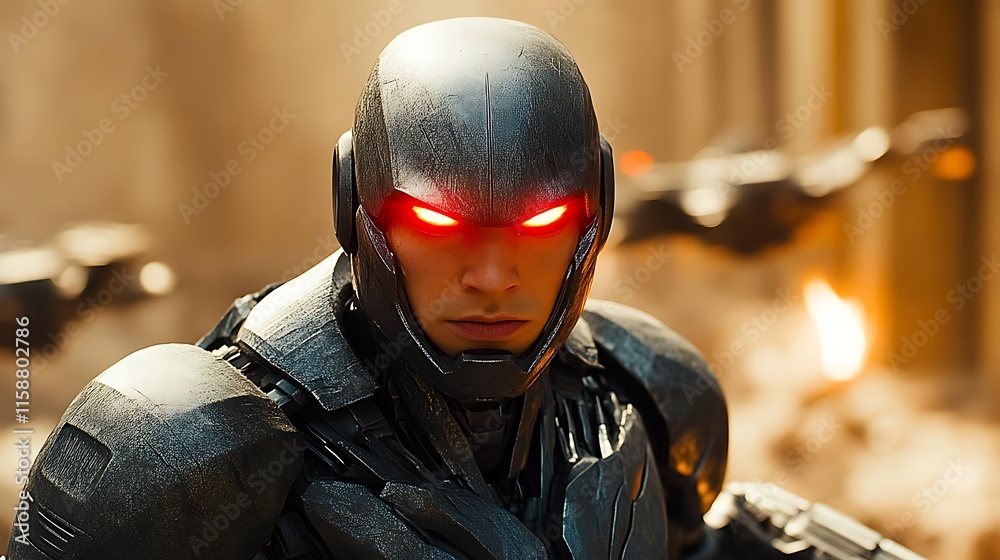 Cyborg with glowing red eyes in battle. Cyborg with glowing red eyes in battle.