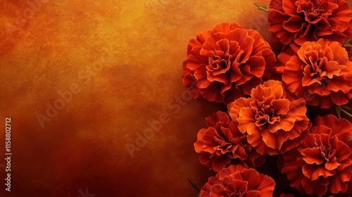A cluster of fiery orange marigolds on a warm amber background, artistic close-up shot, Minimalist style