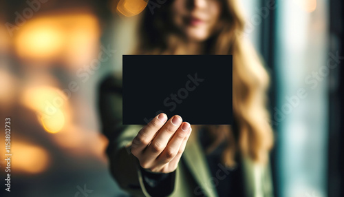 16x9 business card mockup displayed by person with copy space photo