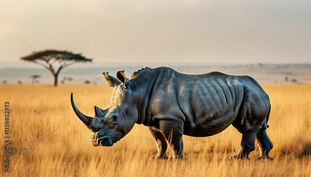 Fototapeta premium Solitary rhinoceros in african savanna with copy space