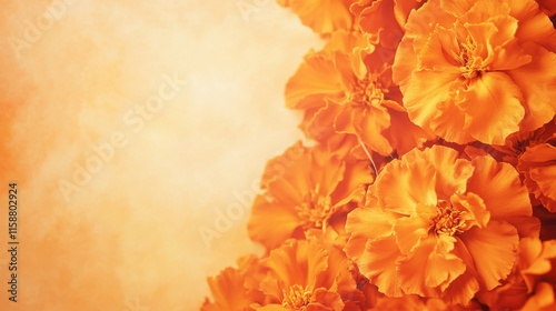 A cluster of fiery orange marigolds on a warm amber background, artistic close-up shot, Minimalist style