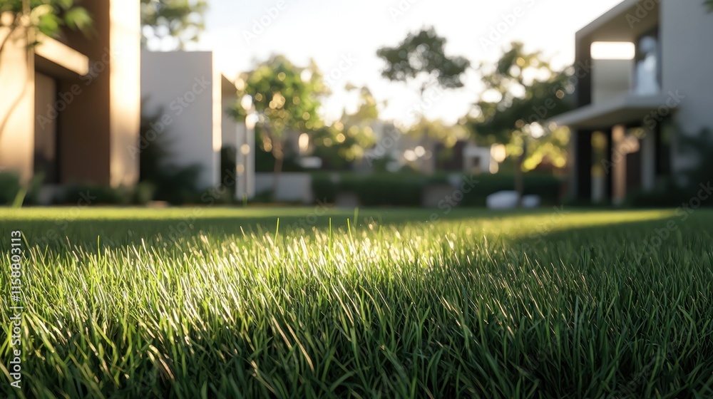 Sunlit grass in modern residential neighborhood. Sunlit grass in modern residential neighborhood.
