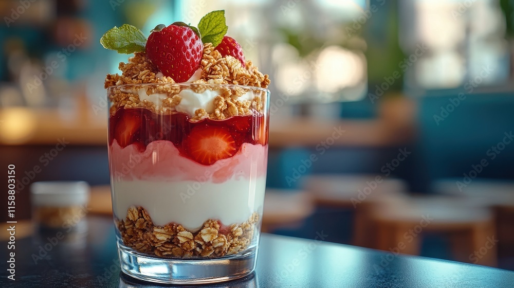 Layered parfait with yogurt, granola, and a glossy drizzle of honey on top Layered parfait with yogurt, granola, and a glossy drizzle of honey on top