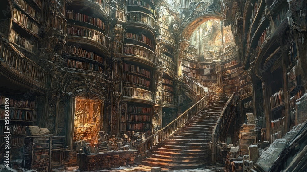 Fototapeta premium Ancient library, grand staircase, countless books, crumbling architecture.