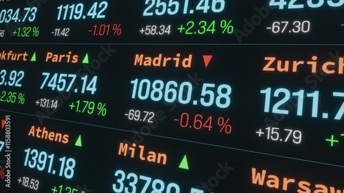 Device screen with stock market and exchange information, price and percentage changes, moving up and down, Paris, Frankfurt, Zurich, Madrid. Investment, business, information. Concept, 3D animation