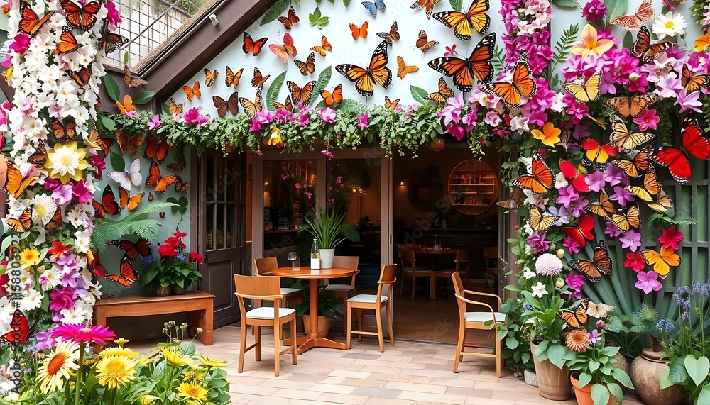 Butterfly Decorated Cafe Patio With Flowers Butterfly Decorated Cafe Patio With Flowers