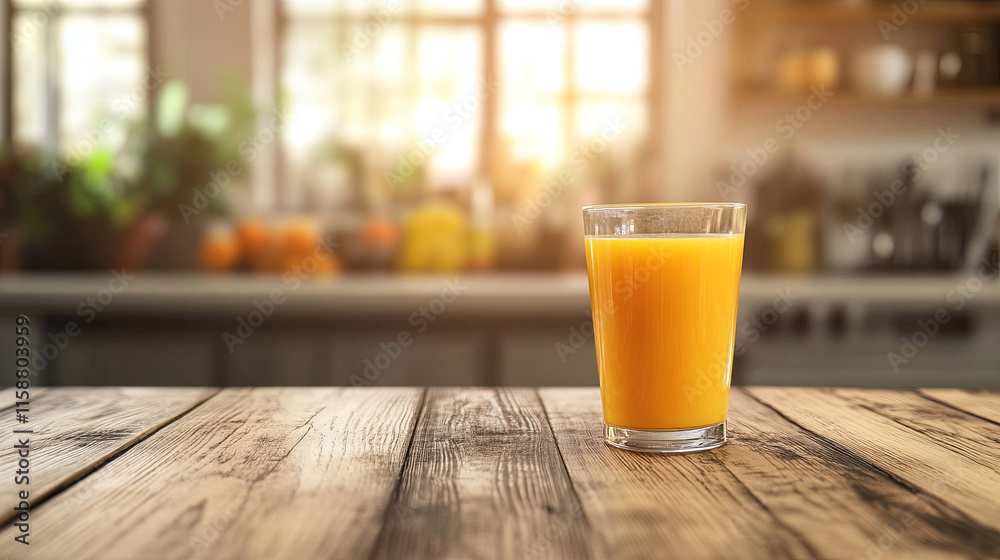 Fresh orange juice in glass on wooden table with blurred kitchen background Fresh orange juice in glass on wooden table with blurred kitchen background