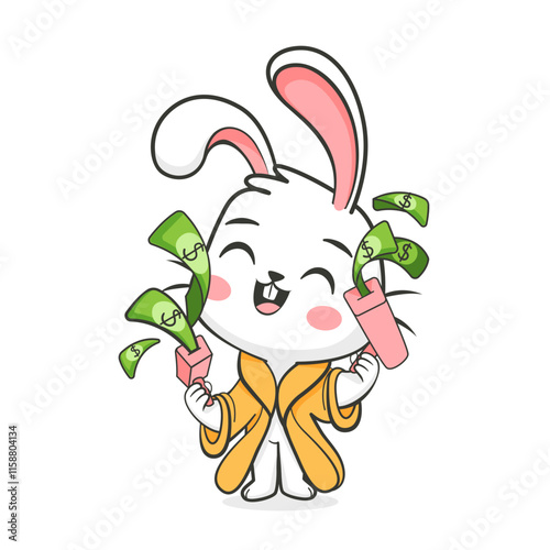 Illustration of a happy rabbit with a lot of money in a cute cartoon style.