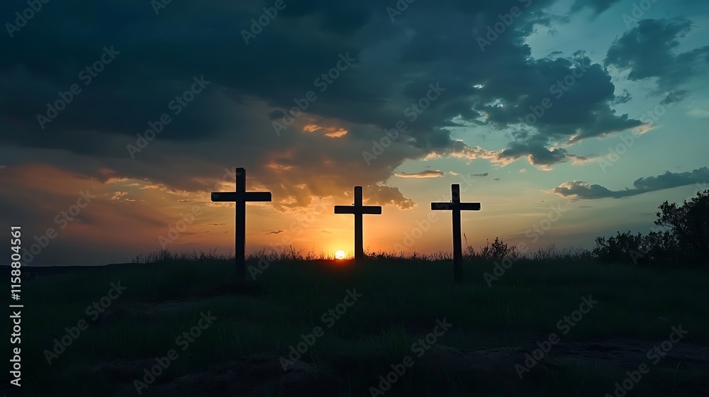 Three crosses silhouetted against a dramatic sunset sky. Three crosses silhouetted against a dramatic sunset sky.