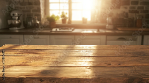 warm wooden table top with sunlight streaming in, creating cozy kitchen atmosphere
