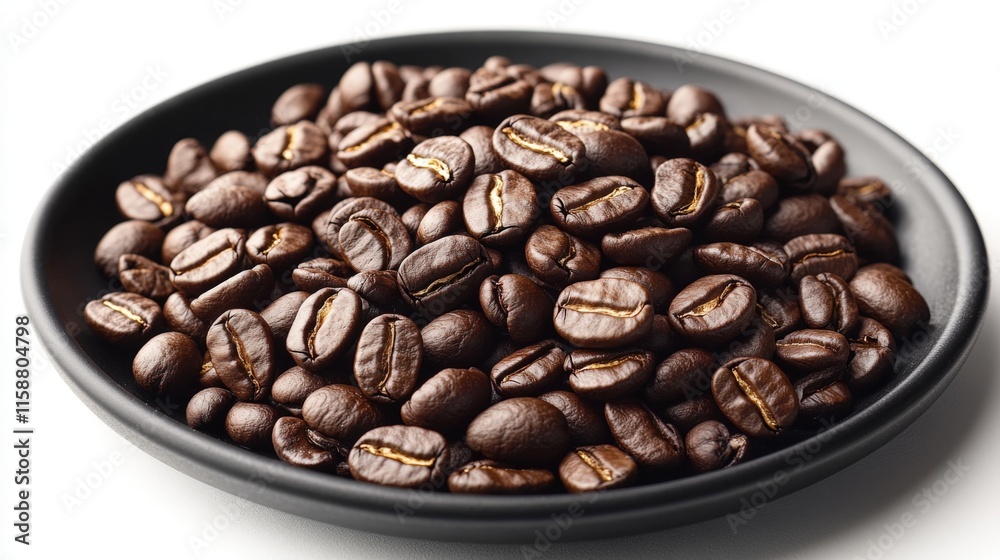 Roasted coffee beans on a matte black plate against a white background Roasted coffee beans on a matte black plate against a white background