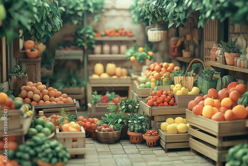 Vibrant farmer's market with eco-friendly stalls showcasing fresh produce. Generative AI photo