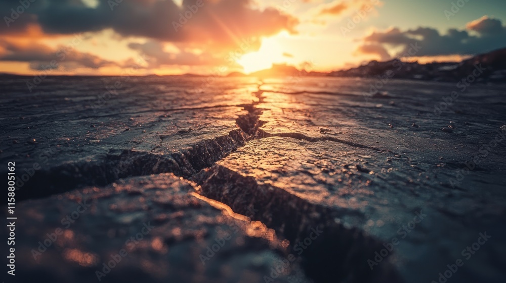 Cracked asphalt road at sunset. Cracked asphalt road at sunset.