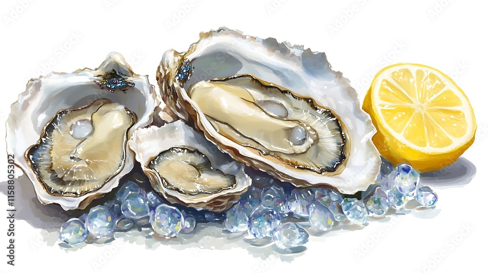 Three fresh oysters on ice with lemon. Three fresh oysters on ice with lemon.