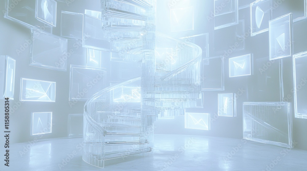 Fototapeta premium Glass spiral staircase in futuristic, bright room with glowing screens.