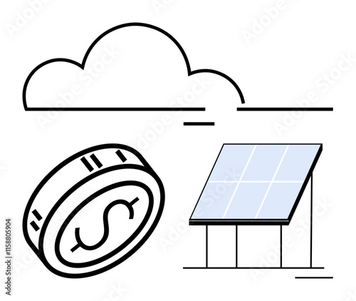 Cloud, coin with dollar sign, and solar panel. Ideal for renewable energy, sustainability, eco-friendly investments, green technology, climate solutions, energy economy and environmental finance