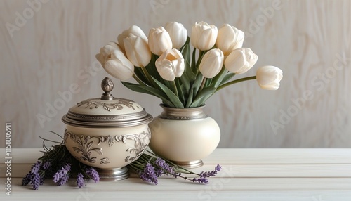 Elegant ivory urn with tulip arrangement and lavender display