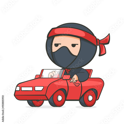Illustration of a ninja riding a red car in a cute cartoon style.