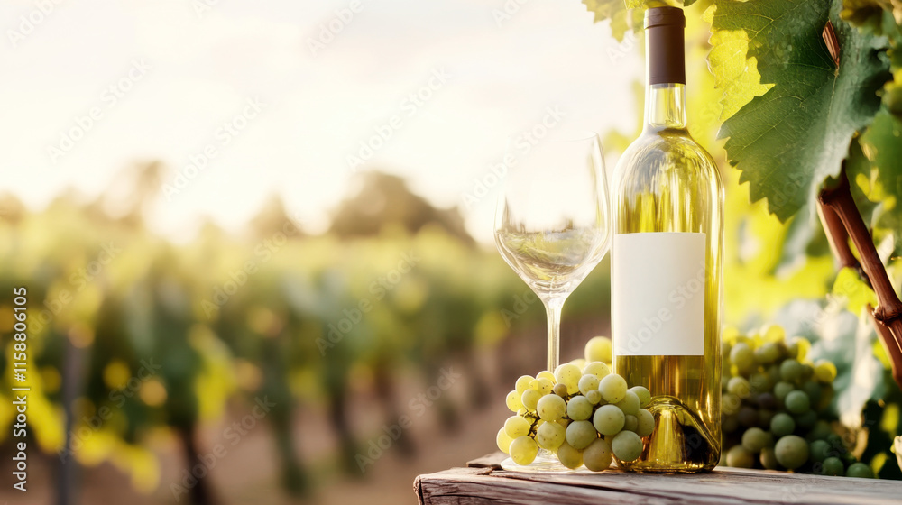 Fototapeta premium Bottle of white wine with blank label and wineglass standing on wooden table with bunch of grapes in vineyard at sunset, celebrating the harvest season and the art of winemaking. Copy space