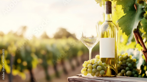 Bottle of white wine with blank label and wineglass standing on wooden table with bunch of grapes in vineyard at sunset, celebrating the harvest season and the art of winemaking. Copy space photo