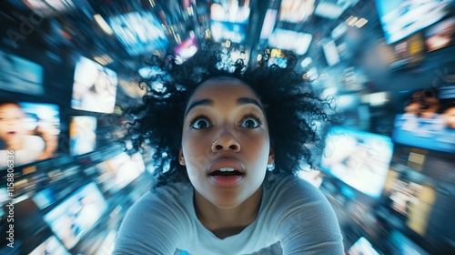 Surprised woman amidst swirling screens.