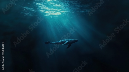 Wallpaper Mural Solitary whale swimming in deep ocean, sunbeams. Torontodigital.ca