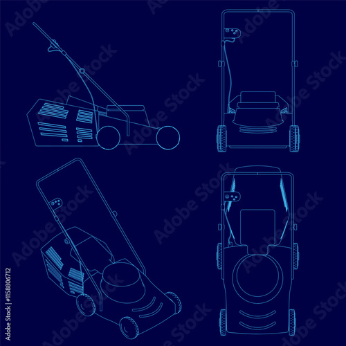 Close up of a lawn mower with a handle and a lawn mower blade. The lawn mower is shown in different angles and positions