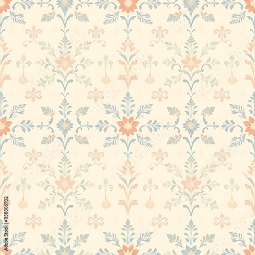Wallpaper Mural Floral Damask Seamless Pattern: Delicate pastel floral damask pattern in soft peach, blue and cream. Elegant and sophisticated, perfect for textile design, wallpaper, and more.  Torontodigital.ca