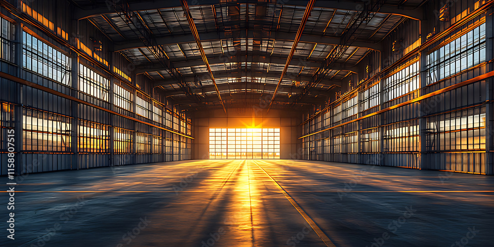 Sunset illuminating a large empty industrial warehouse. Sunset illuminating a large empty industrial warehouse.