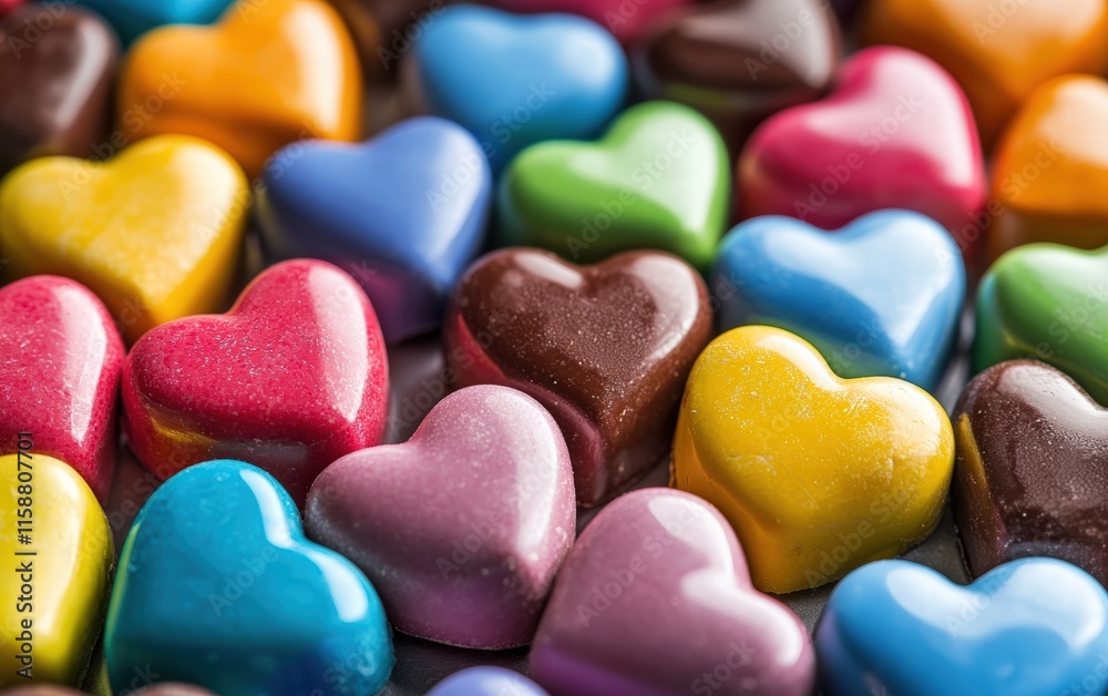 Close-up of candy-coated chocolates in heart shapes, in a rainbow assortment of colors for valentines day Close-up of candy-coated chocolates in heart shapes, in a rainbow assortment of colors for valentines day
