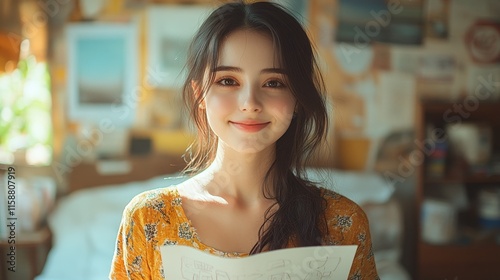 Young woman happily showing her colorful drawing in a bright and beautiful room. The cheerful atmosphere reflects creativity, joy, and the passion of art, with vibrant colors and positive energy.
