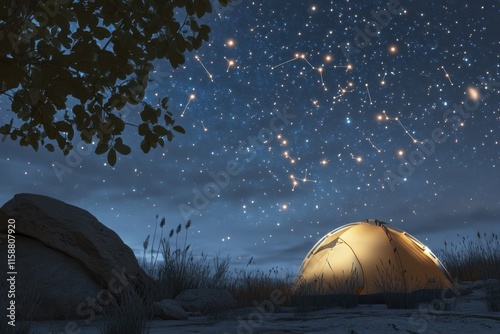 Stargazing near a tent under a clear night sky filled with constellations photo