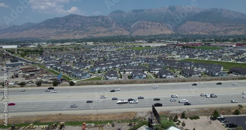 Cars Commuting in Traffic on I-15 Interstate Freeway in Utah, Aerial photo