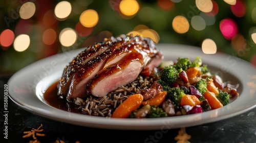 Sliced duck breast with wild rice, roasted vegetables, and pan sauce. photo