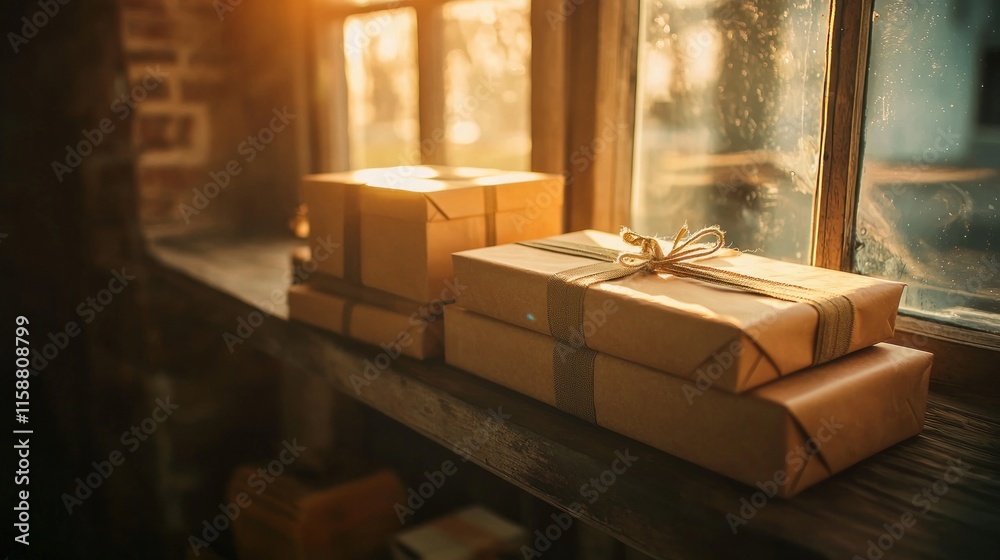 Rustic gifts on window sill, sunlit. Rustic gifts on window sill, sunlit.