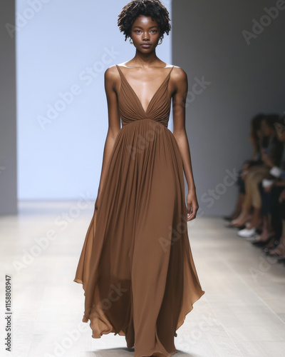 A runway model showcasing a flowing mocha mousse maxi dress with subtle draping, walking on a minimalist runway