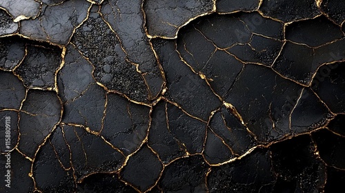A close-up of the cracked surface texture of obsidian, with gold veins running through it, against an all-black background.