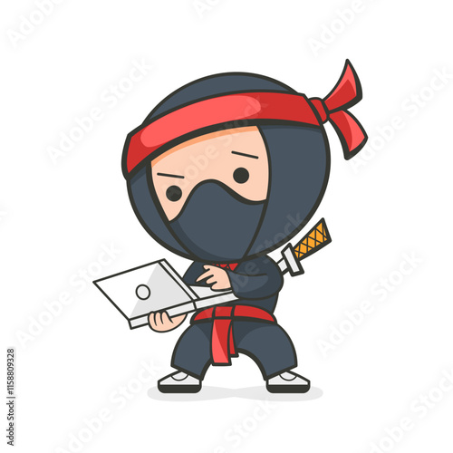 Illustration of a ninja with a laptop in a cute cartoon style.