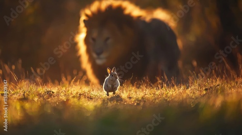 A rabbit runs from a majestic lion in golden sunlight.